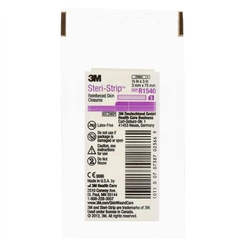 A Steri-Strip reinforced skin closure package sits unopened. The package contains five sterile strips. The label provides product information and manufacturer details.