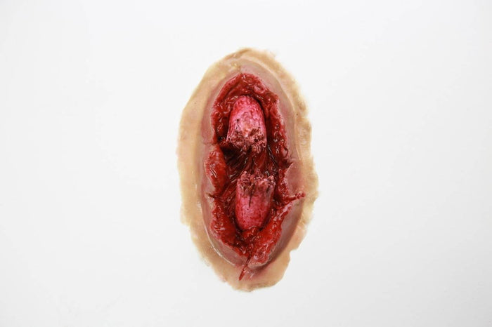 A prosthetic wound lies still on a white surface. The wound exhibits damaged flesh and blood, exposing inner tissue within the injury.