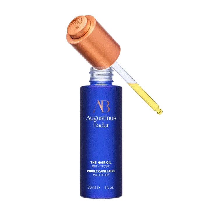 Augustinus Bader The Hair Oil blue bottle with copper dropper