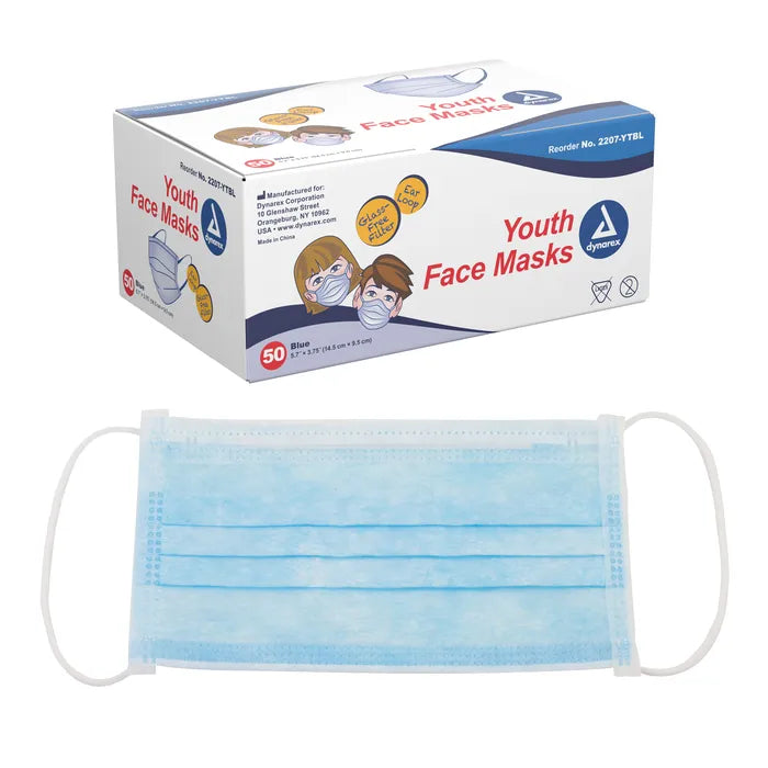 A light blue disposable face mask lies below a box of similar masks; both are shown against a plain white background.