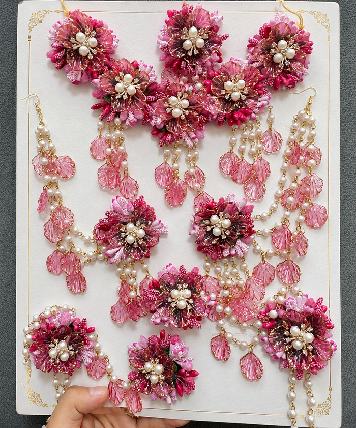 Elegant Pink & Pearl Floral Jewellery Set Complete Grace MJ001