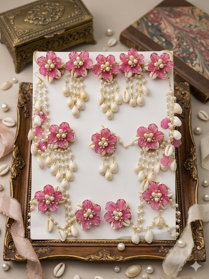 Enchanting Blossoms and Cowrie Dark Pink Shells Floral Jewellery Set K105