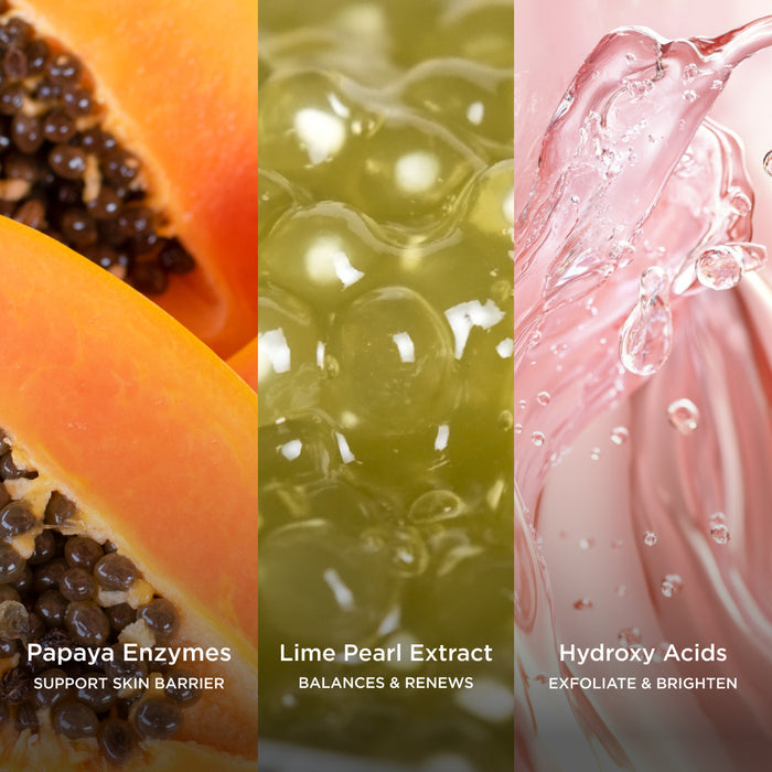 Papaya Enzymes support skin barrier, Lime Pearl Extract balances and renews, and Hydroxy Acids exfoliate and brighten shown in a tropical ingredient collage.