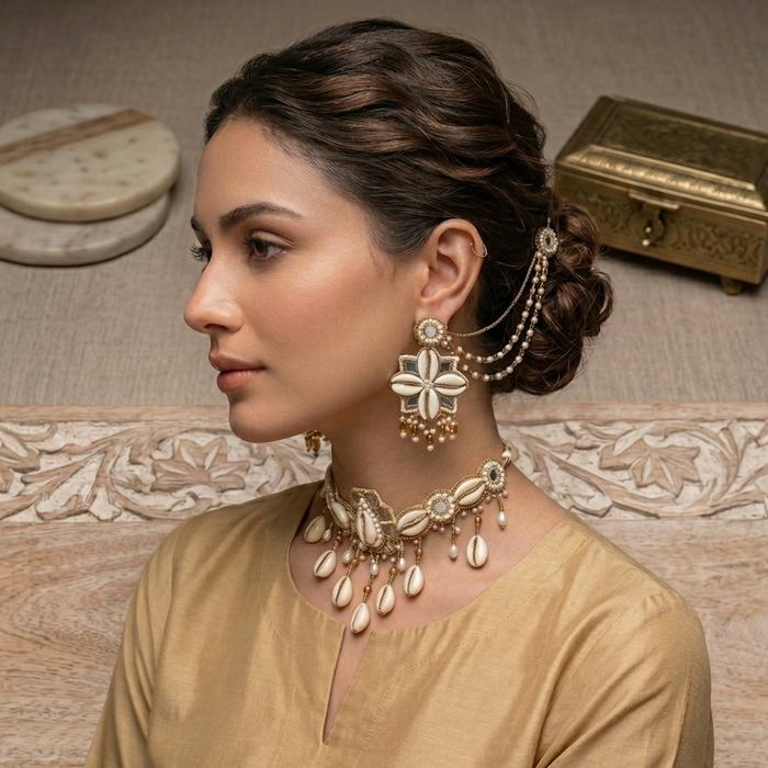 Gilded Cowrie Shell Jewelry Ensemble with Pearl Accents and Floral Design