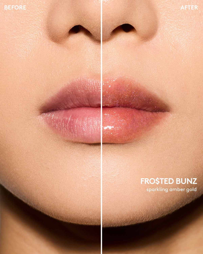 Light skin tone model before and after using Gloss Bomb Oil Luminizing Oil and Gloss in shade Frosted Buns.