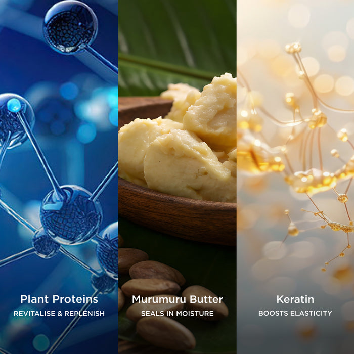 Ingredient collage featuring Plant Proteins, Murumuru Butter and Keratin, with on-image text highlighting their benefits: "Revitalise & Replenish", "Seals in Moisture" and "Boosts Elasticity".