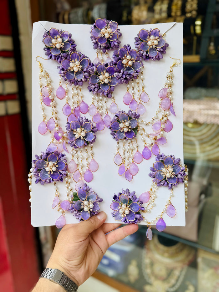 Royal Lavender Blossom: Handcrafted Purple Floral Jewelry Set with Pearl Accents for Weddings & Festive Events