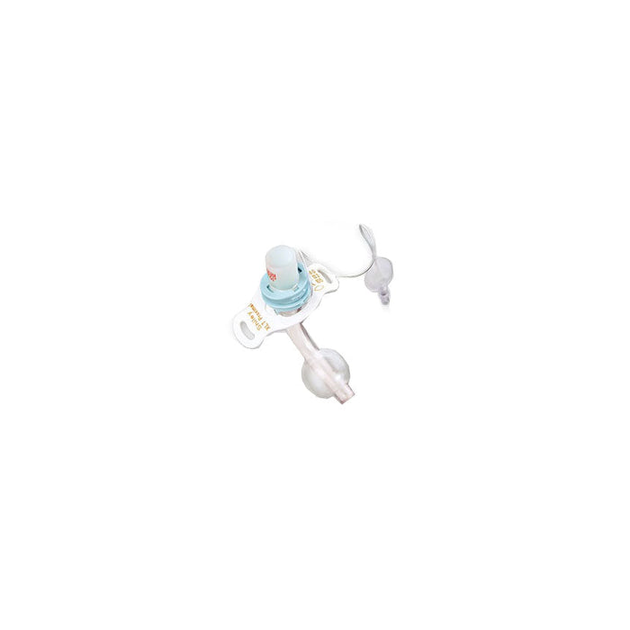 A tracheostomy tube is displayed at an angle in a white space. The tube features a cuff and a blue connector with visible text that reads, "SHILEY XLT Fenestrated".