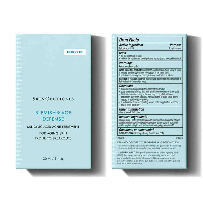 SkinCeuticals Blemish + Age Defense 30 ml box with salicylic acid acne treatment