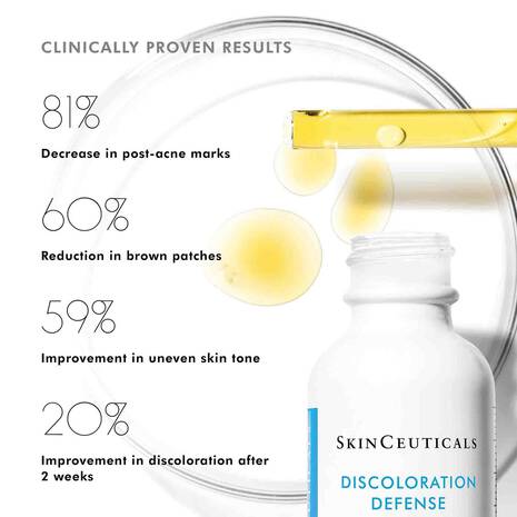SkinCeuticals Discoloration Defense serum bottle with clinical results and yellow dropper