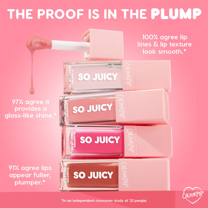 ColourPop So Juicy Plumping Glossy Lip Oil in So Sassy drips from a doe-foot applicator onto a stack of four SO JUICY tubes in nude, pink, fuchsia, and cocoa shades on a pink backdrop with callouts for glass-like shine and fuller, smoother lips.