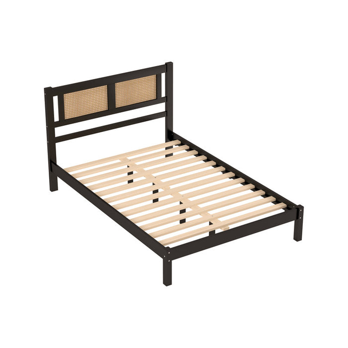 Wooden Platform Full Size Black Bed with Natural Rattan Headboard,Minimalist Elegance Charm for Bedroom
