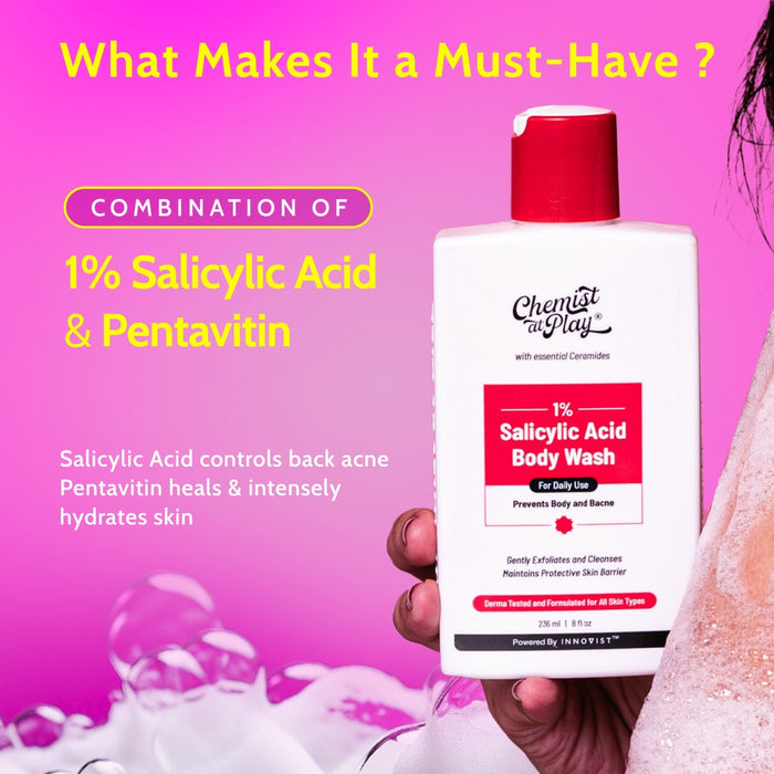 1% Salicylic Acid Body Wash with Lactic Acid | for Acne Control with Loofah - 236 ml
