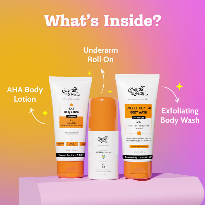 3-Step Body Exfoliating Kit | Exfoliating Body Wash | Underarm Roll On | AHA Body Lotion