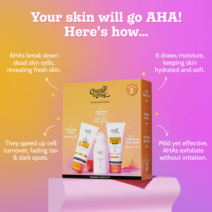 3-Step Body Exfoliating Kit | Exfoliating Body Wash | Underarm Roll On | AHA Body Lotion
