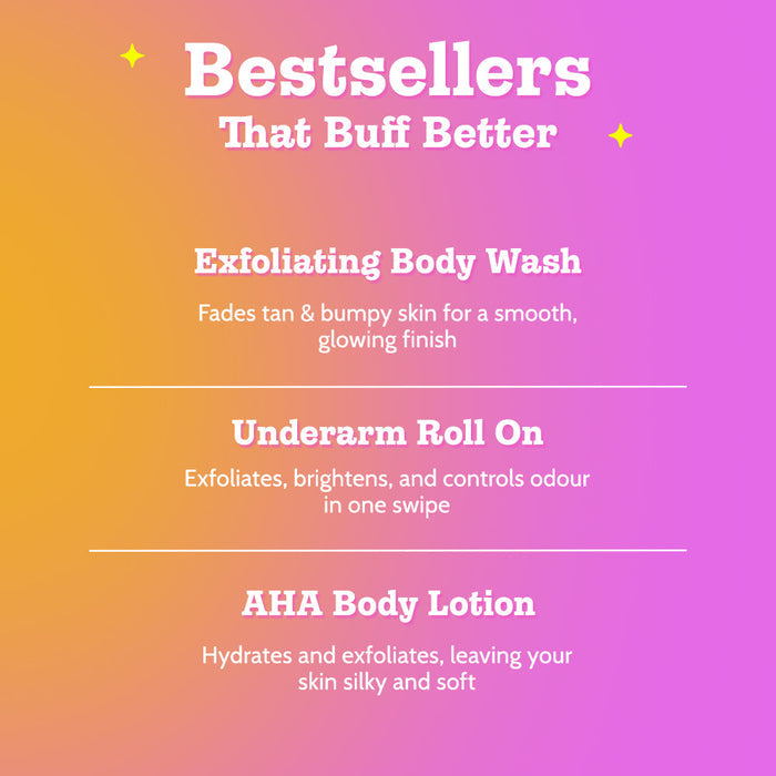 3-Step Body Exfoliating Kit | Exfoliating Body Wash | Underarm Roll On | AHA Body Lotion