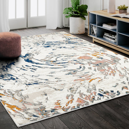 Abani Porto Contemporary Swirl Light Blue and Burnt Orange Area Rug 7'9 x 10'2"