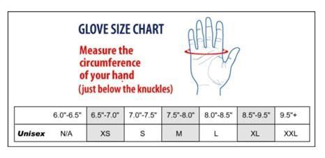 A glove size chart displays a hand with circumference measurement instructions and a size correlation table (6 7/8"-7 1/8", 7 1/8"-7 5/8", 7 5/8"-8 1/8", 8 1/8"-8 5/8", 8 5/8"-9", 9"-9 5/8" corresponding to XS, S, M, L, XL, XXL sizes).