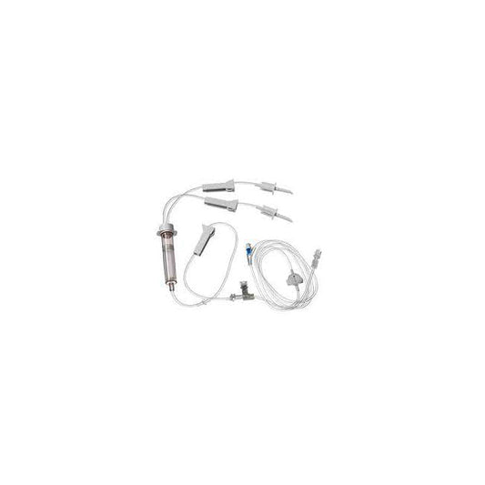 A medical intravenous (IV) fluid delivery system, consisting of a syringe, tubing, and connectors, is shown against a white background.