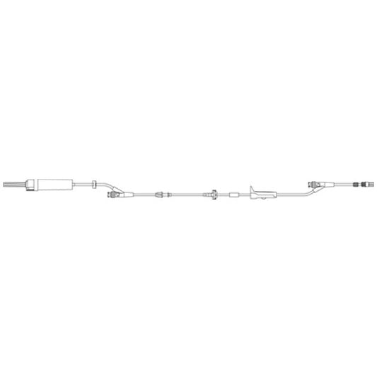 An intravenous administration set, consisting of a fluid bag, tubing, and needle, is depicted in a line drawing against a white background.