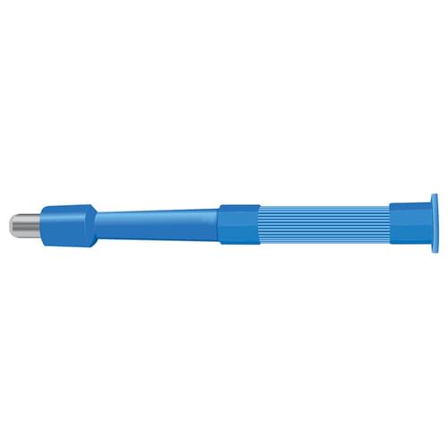 A blue, slender instrument with a ribbed center section extends horizontally against a white background.