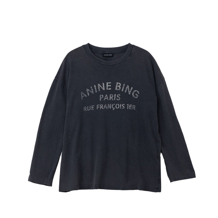 Black long-sleeve shirt with text on a white background
