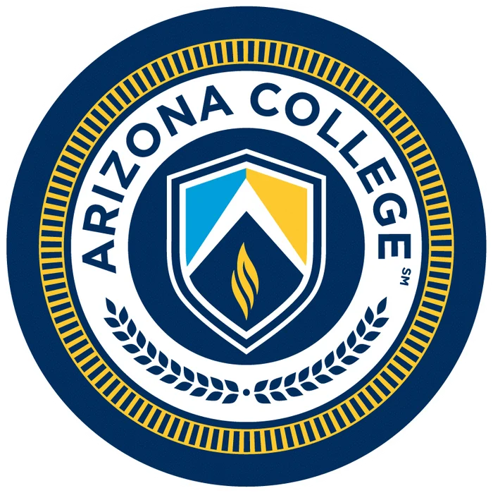 A circular logo displays the words “ARIZONA COLLEGE℠” around a central shield featuring blue, yellow, and a flame; wheat stalks are at the base.