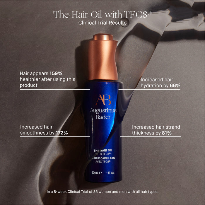 Augustinus Bader The Hair Oil bottle with TFC8, copper cap and clinical trial results text