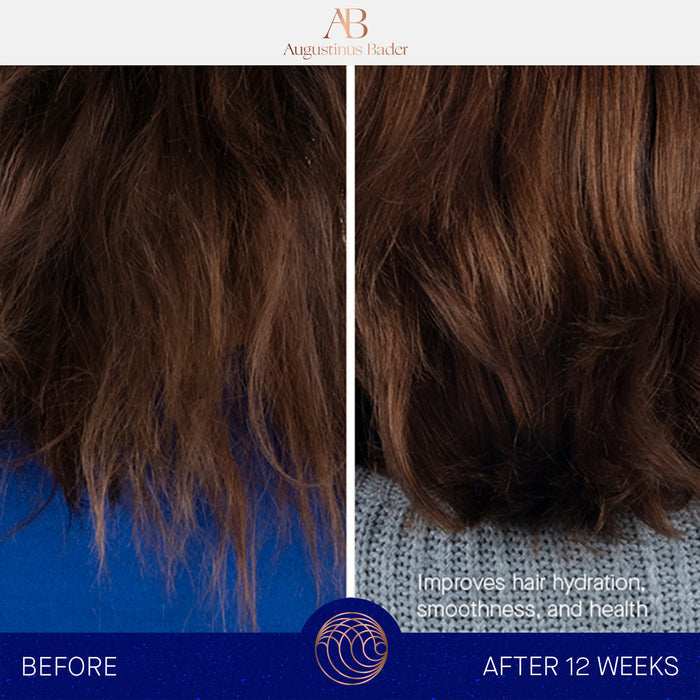 Augustinus Bader before and after hair comparison showing smoother, shinier hair after 12 weeks