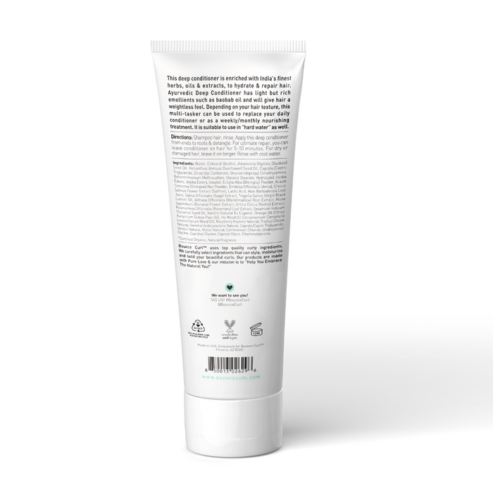 Product shot of a Bounce Curl squeeze tube with label text, peach backdrop.