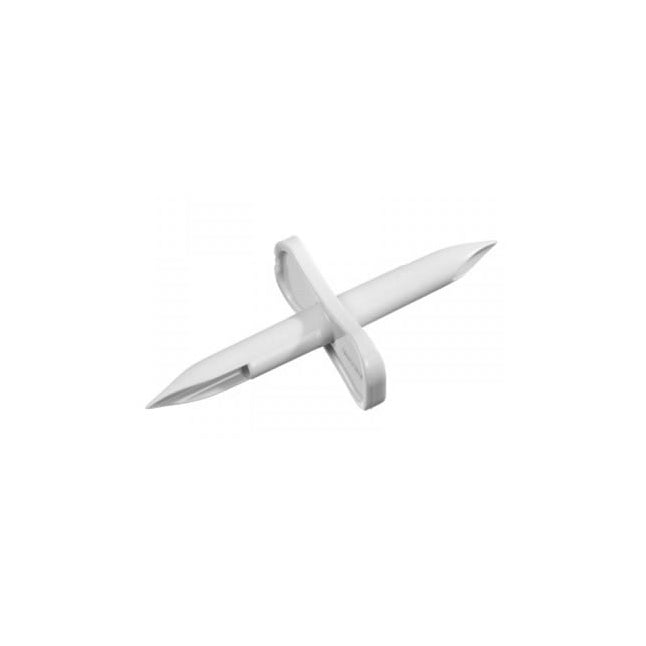 A white plastic fastener, with two pointed ends, is lying on a white background.