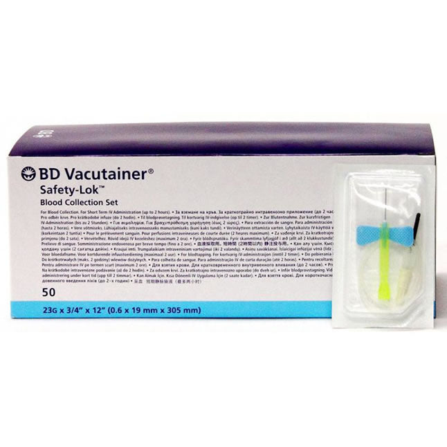 A BD Vacutainer Safety-Lok blood collection set, containing a needle and collection device, is shown in its packaging. The packaging includes multilingual instructions for use up to two hours.