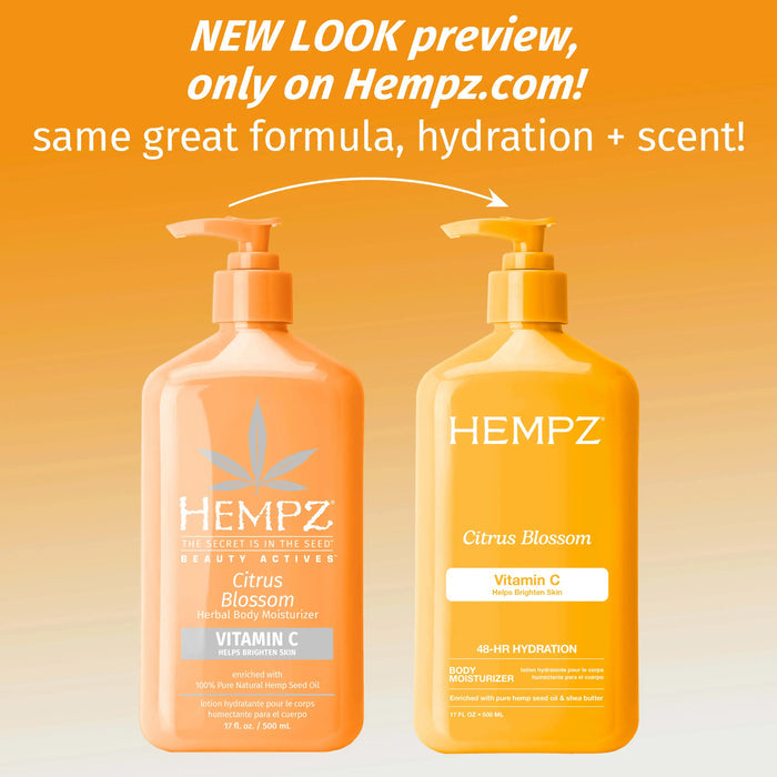 Two Hempz Citrus Blossom body moisturizers on an orange gradient background with text about a new look preview.