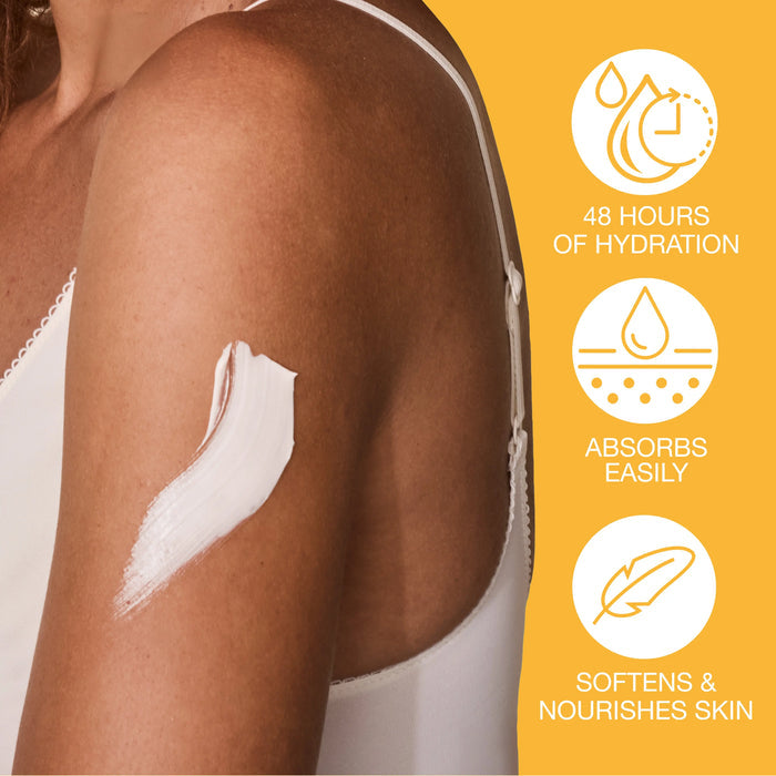 Woman's arm with a skincare product application on a yellow background with product features listed.
