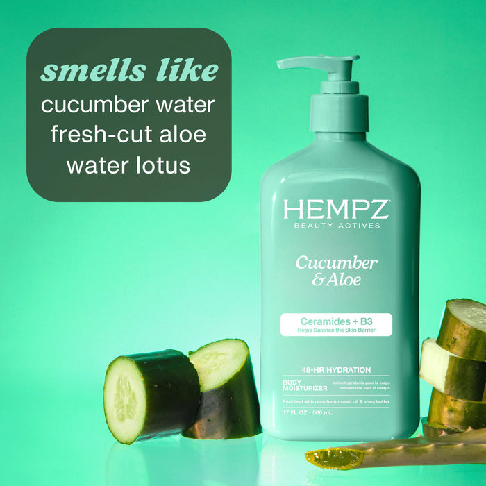 Hempz Cucumber & Aloe product with cucumber slices on a green background with scent notes