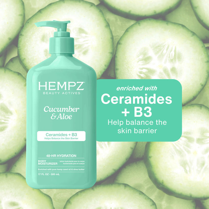 Hempz Cucumber & Aloe body moisturizer with Ceramides + B3 and cucumber slices in the background