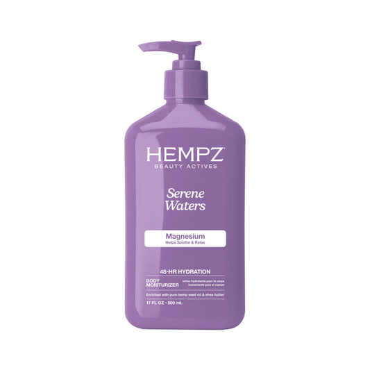 A purple pump bottle of Hempz Beauty Actives Serene Waters Body Moisturizer with Magnesium, shown on a plain white background.