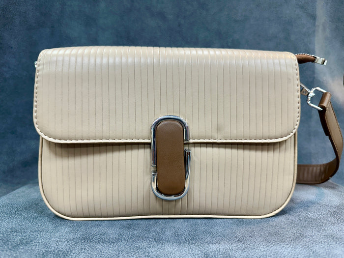 Beige Pin-Stripe Textured Flap Crossbody Sling Bag – 3 Straps Included HB016