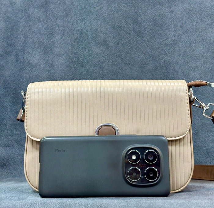 Beige Pin-Stripe Textured Flap Crossbody Sling Bag – 3 Straps Included HB016