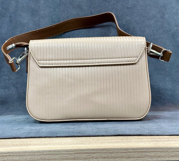 Beige Pin-Stripe Textured Flap Crossbody Sling Bag – 3 Straps Included HB016