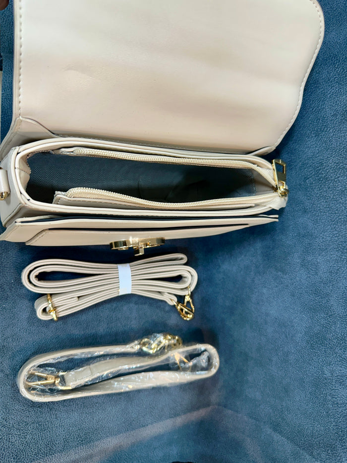 Beige Pin-Stripe Textured Flap Crossbody Sling Bag – 3 Straps Included HB016