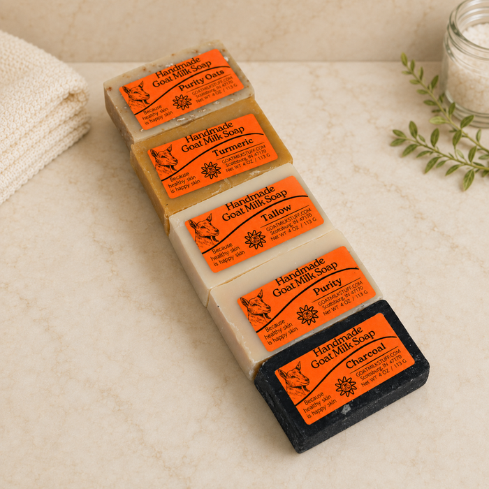 5 labeled unscented goat milk soaps