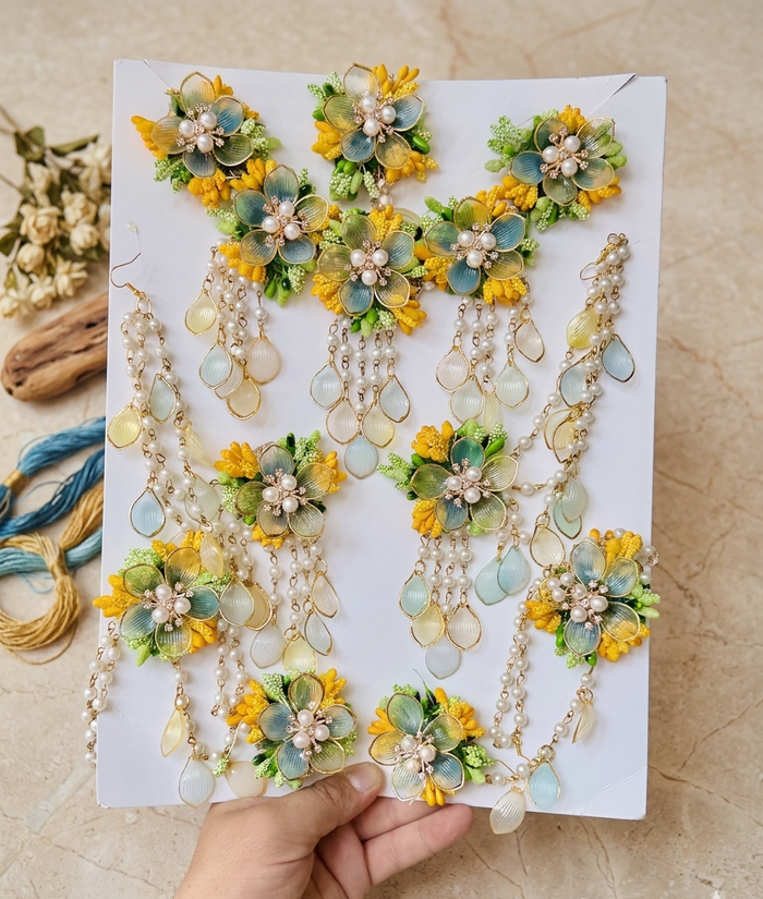Bloom & Glow: Exquisite Handcrafted Floral Jewelry Set for Haldi & Mehendi Ceremonies