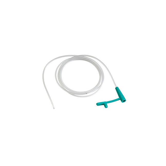 A translucent white medical tube, coiled, with teal connectors at one end, is presented against a plain white background.