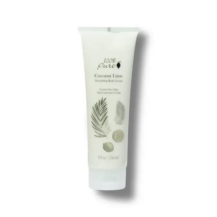 Tube of 100% Pure Coconut Lime body cream on a white background