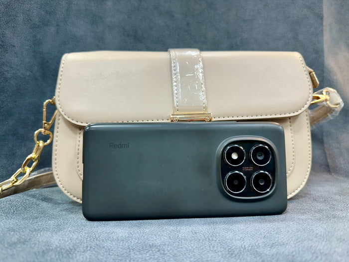 Cream Gold Turn-Lock Flap Crossbody Sling Bag with Chain Strap HB017