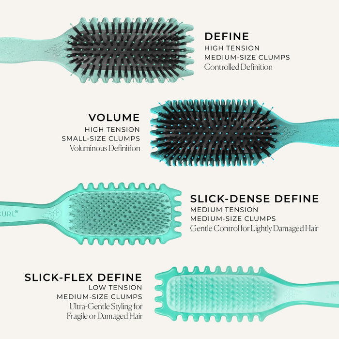 Set of five teal hairbrushes with different bristle patterns and text descriptions on a white background.