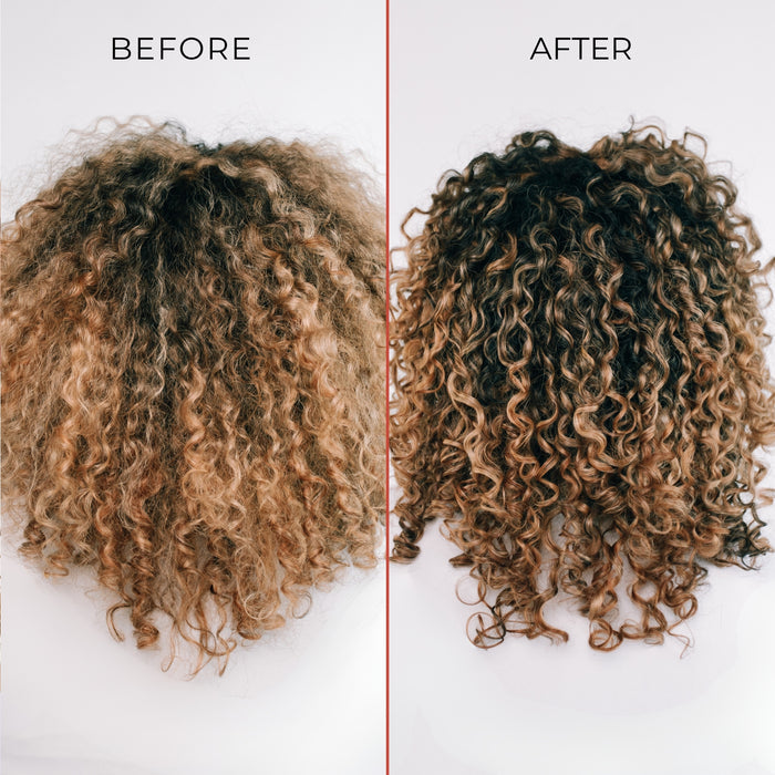 The before and after of a person with previously frizzy hair, that is now defined and curly
