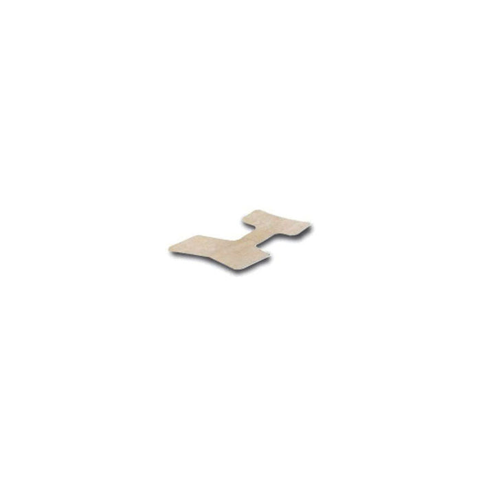 A beige adhesive bandage lies on a white background. It is shaped like an H.