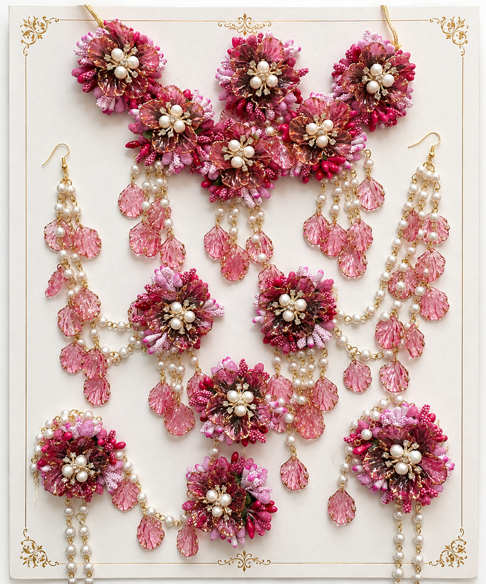 Elegant Pink & Pearl Floral Jewellery Set Complete Grace MJ001